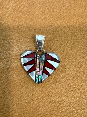 Red Inlay Heart Pendant Necklace - Silver Bail